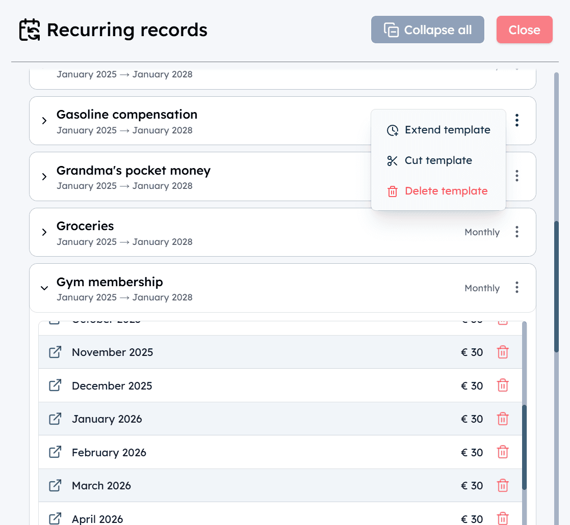 Moneasy monthly budget overview with income, expense categories and remaining balance